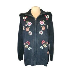 Relativity Woman Black Embroidered Full Zip Shawl Collar Cardigan Plus Size 2X